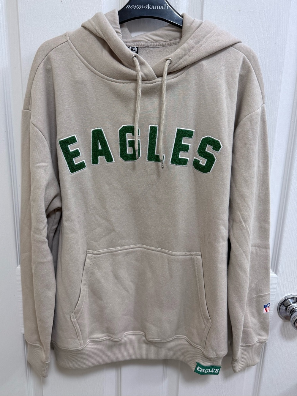 NWT Philadelphia Eagles Beige Hoodie with Green EAGLES Lettering, Size Large